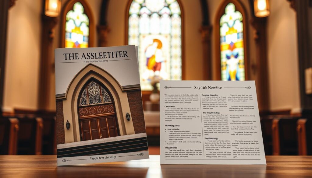 A well-designed newsletter in the warm glow of a church interior, with stained glass windows casting a soft, reverent light. The cover features a serene image of the church facade, inviting readers to stay connected with the parish's spiritual life. Subtly embellished with ornate details, the newsletter conveys a sense of tradition and community. Neatly arranged text and imagery guide the viewer through upcoming events, worship schedules, and parish news, fostering a deeper engagement with the church community.