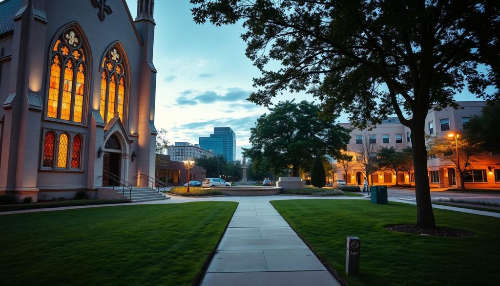 A well-lit, modern Catholic church facade stands prominently in the foreground, its ornate stained glass windows and grand entrance capturing the viewer's attention. In the middle ground, a neatly manicured lawn and a path leading to the church's main entrance, with directional signage clearly visible. In the background, a serene urban landscape, with other buildings and trees framing the scene. The lighting is warm and inviting, creating a welcoming atmosphere. The overall composition conveys a sense of accessibility and community, inviting the viewer to explore the church and its surroundings.