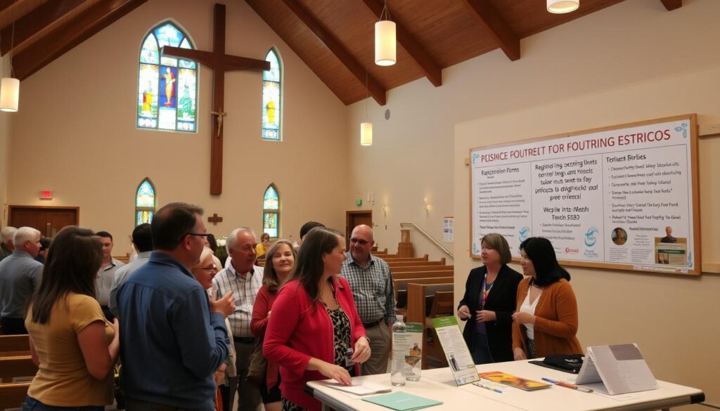 A well-lit, warm interior of a Catholic church, with a large wooden cross and stained glass windows casting vibrant colors throughout. In the foreground, a group of parishioners enthusiastically engaged in conversation, their expressions welcoming and inclusive. The middle ground features a table with registration forms and informational brochures, attended by a friendly staff member guiding newcomers. In the background, a bulletin board showcases upcoming events and opportunities for outreach and involvement, creating a sense of community and belonging.