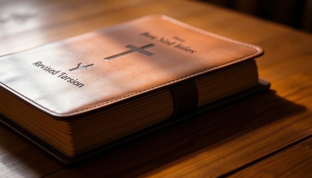 A well-worn leather-bound book, its cover embossed with a simple cross, rests on a wooden table illuminated by soft, warm lighting. The pages have a slight yellow tint, hinting at the age and history contained within. The book's title, "Revised Standard Version", is prominently displayed, reflecting the authoritative nature of this trusted Catholic English translation. The scene exudes a sense of reverence and scholarly elegance, inviting the viewer to explore the depths of this important religious text.