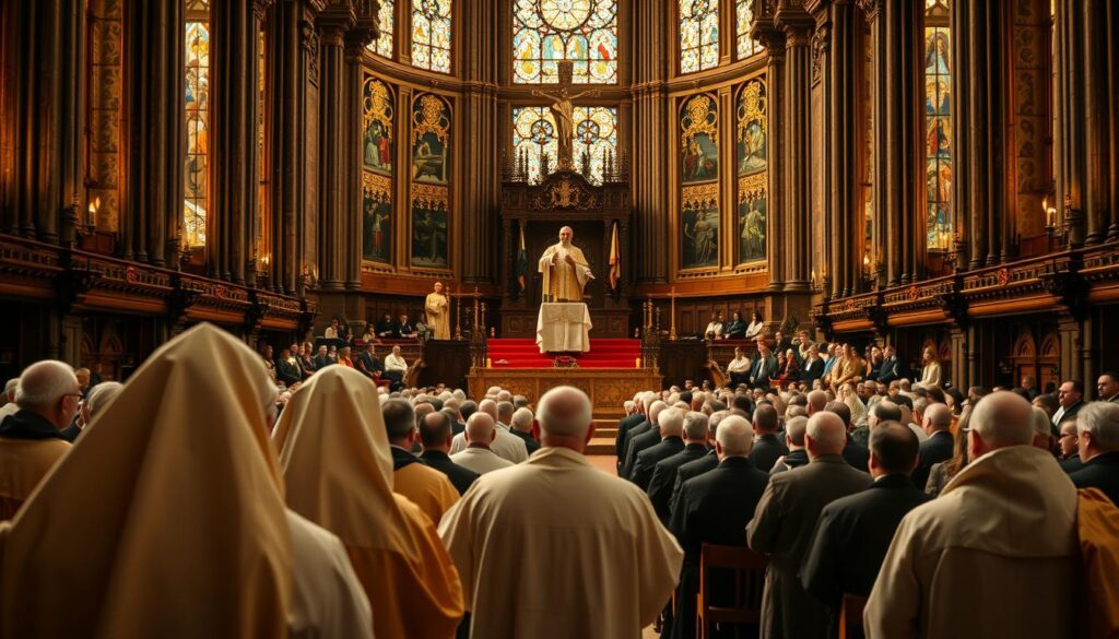 An ecumenical council taking place in a grand cathedral, the ornate architecture and stained glass windows casting a warm, reverent glow. In the foreground, a group of robed figures, their faces obscured, deep in solemn discussion. The middle ground features a raised dais, with a central figure gesturing, engaged in impassioned debate. In the background, rows of pews filled with attendees, their expressions rapt as they listen intently. The scene is infused with a sense of historical significance, the weight of tradition and the pursuit of theological understanding palpable in the air.