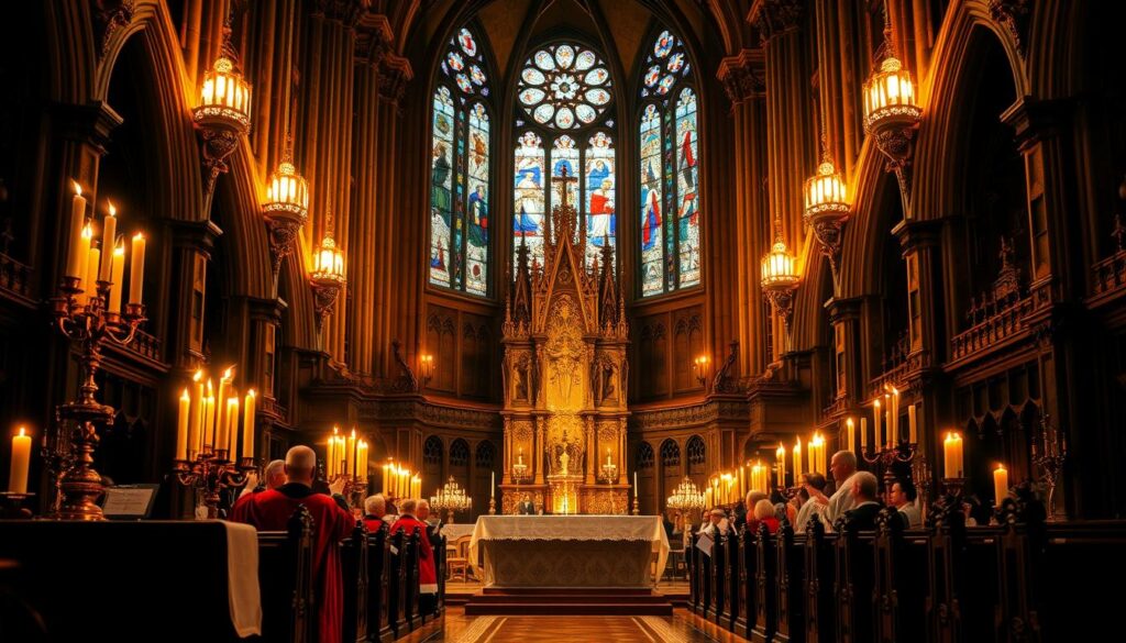 An elaborate Anglo-Catholic sanctuary bathed in warm, candlelit ambiance. In the foreground, an ornate altar adorned with ornate candlesticks, a golden cross, and fine linens. Clergymen in rich vestments perform a solemn liturgical ritual, their movements graceful and reverent. The middle ground reveals a grand reredos with intricate carvings and gilded accents. Stained glass windows cast a kaleidoscope of colored light, imbuing the scene with a sense of divine mystery. The background features ornate wooden pews and towering columns, creating a majestic, otherworldly atmosphere. Soft choral music fills the air, adding to the profound spirituality of the moment.