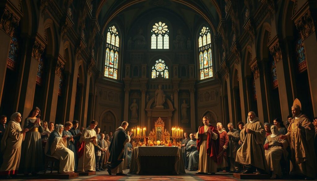An intricate scene of the Seven Sacraments of the Catholic Church, captured in a grand, baroque-inspired composition. In the foreground, depictions of Baptism, Confirmation, and Eucharist stand out, their sacred rituals depicted with reverence and attention to detail. The middle ground showcases Penance, Anointing of the Sick, and Holy Orders, each represented by symbolic figures and objects. In the distant background, a grand cathedral looms, its stained glass windows casting a warm, ethereal glow over the scene. The lighting is dramatic, with chiaroscuro effects accentuating the sacred nature of the subject matter. The overall atmosphere is one of solemnity, history, and the enduring traditions of the Christian faith.