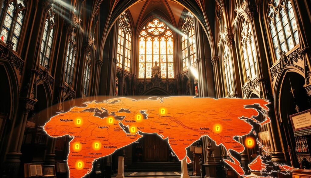 An ornate, gothic cathedral stands tall, its spires reaching towards the heavens. Sunlight filters through stained glass windows, casting a warm, ethereal glow. In the foreground, a map unfolds, tracing the evolution of Catholic dioceses across the Indian subcontinent, each marked with a glowing icon. The background is a tapestry of history, with ancient scriptures and religious artifacts adorning the walls. The overall atmosphere is one of reverence, tradition, and the gradual expansion of the Catholic faith, reflecting the vibrant community and its enduring legacy.