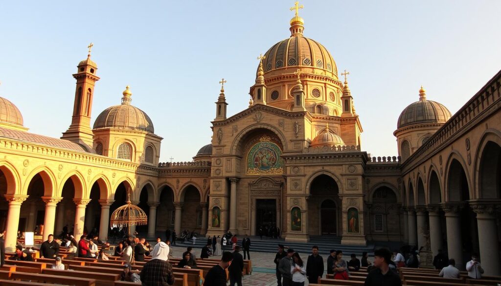 Assyrian Church East, a timeless sanctuary amidst the ancient Mesopotamian landscape. Capture the intricate architecture, with its ornate domes and arched windows, bathed in warm, golden light. Showcase the distinctive iconography and religious symbols that adorn the interior, evoking the rich cultural heritage of this Eastern Christian tradition. Depict the serene atmosphere, as worshippers gather in reverence, surrounded by the grand, yet intimate, setting of this sacred space. Convey a sense of timelessness, where the past and present converge, showcasing the enduring spirit and identity of the Holy Apostolic Catholic Church of the East.
