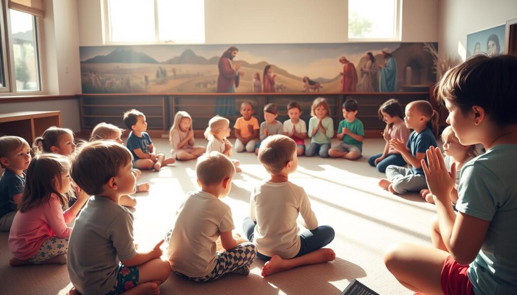 Children gathered in a warm, sunlit room, engaged in various faith-based activities. In the foreground, a group of young students sit cross-legged on the floor, their faces alight with curiosity as they listen intently to a teacher sharing a Bible story. In the middle ground, a small circle of children kneel in prayer, their hands clasped and eyes closed, conveying a sense of reverence and devotion. Along the back wall, a vibrant mural depicts scenes from the life of Jesus, casting a serene, spiritual atmosphere throughout the space. Soft, natural lighting filters in through large windows, creating a peaceful, inviting ambiance that encourages learning and spiritual exploration.