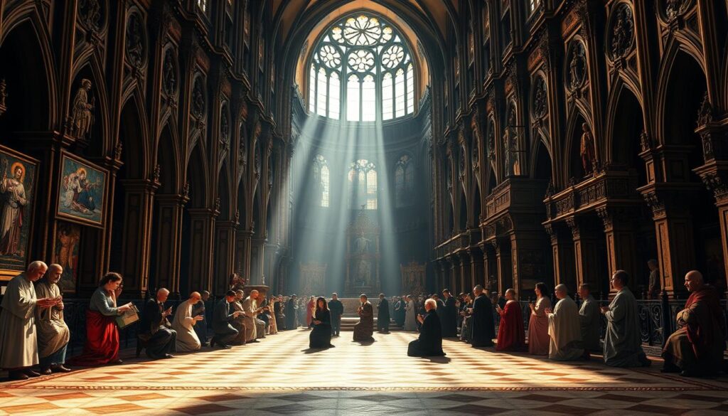 Detailed ecclesiastical evolution: A sacred progression through time. In the foreground, a tableau of Catholic sacraments - baptism, communion, confirmation, penance, anointing, marriage, and holy orders - each depicted in classical, illuminated style. In the middle ground, a grand cathedral interior, sunlight streaming through stained glass, worshippers kneeling in reverence. In the background, a timeline of architectural styles, from Romanesque to Gothic to Baroque, tracing the changing forms of Catholic worship over centuries. Dramatic chiaroscuro lighting, rich jewel-toned palette, a sense of timeless devotion and ceremonial grandeur.