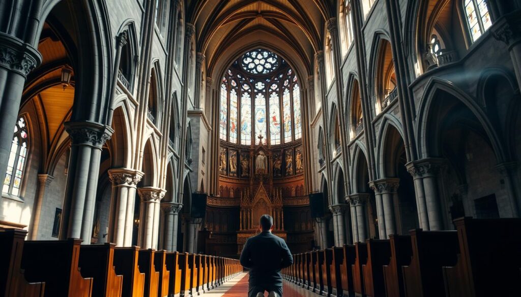 Detailed interior of a grand, historical Catholic church. Vaulted ceilings with ornate arches and intricate stone carvings. Rows of wooden pews line the central aisle, leading to a magnificent high altar with towering stained glass windows. Soft, warm lighting illuminates the space, casting a reverent atmosphere. In the foreground, a lone worshipper kneels in prayer, their silhouette contrasted against the vibrant, colorful stained glass. The scene exudes a sense of timeless tradition and the weight of the church's rich heritage.