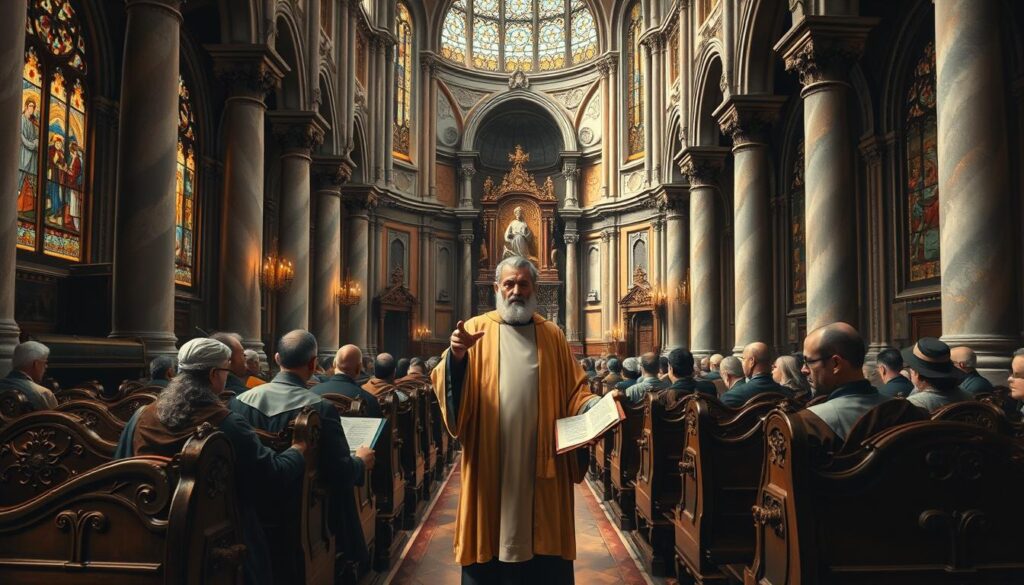 Detailed oil painting of Catholic social teaching history, set in a grand cathedral interior. Ornate stained glass windows cast warm light upon carved wooden pews. In the foreground, figures representing different eras of Catholic social thought - from medieval almsgiving to modern-day social justice. A central figure, robed and bearded, gestures towards tomes and scrolls illustrating key church teachings. The mid-ground features towering marble columns and intricate architectural flourishes. In the background, a vast altar and pulpit, symbolizing the authority and tradition of the Catholic faith. Muted tones with chiaroscuro lighting to convey a sense of reverence and contemplation.