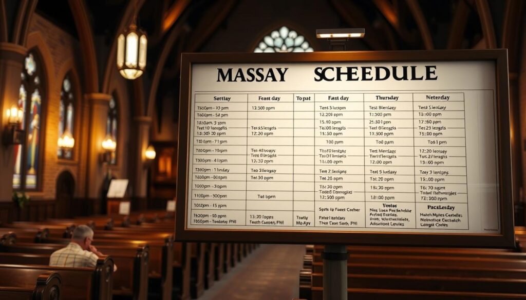 Detailed weekly mass schedule displayed on a large church notice board. Warm, inviting lighting illuminates the board, with clean, legible font showcasing service times, feast days, and other liturgical events. The board is situated in the foreground, with a blurred background of the church interior visible - wooden pews, stained glass windows, and a sense of serene spirituality. The composition emphasizes the schedule's importance as a central part of the church's weekly activities, inviting parishioners to participate in the rich, vibrant liturgical life.