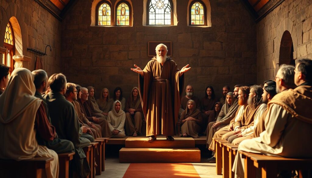 Early church leadership structure, a scene of ancient Christian community gathered around a central figure, likely an elder or bishop, delivering a sermon or teaching. The setting is a modest stone church interior, with simple wooden benches and a raised dais at the front. Warm natural lighting filters through stained glass windows, casting a contemplative atmosphere. The congregation, dressed in simple robes and tunics, listens intently, reflecting the solemnity and devotion of the early Christian tradition. The central figure, robed in a long cloak, gestures with hands outstretched, conveying a sense of authority and spiritual guidance. The overall composition captures the intimate, grassroots nature of the early church leadership and organization.