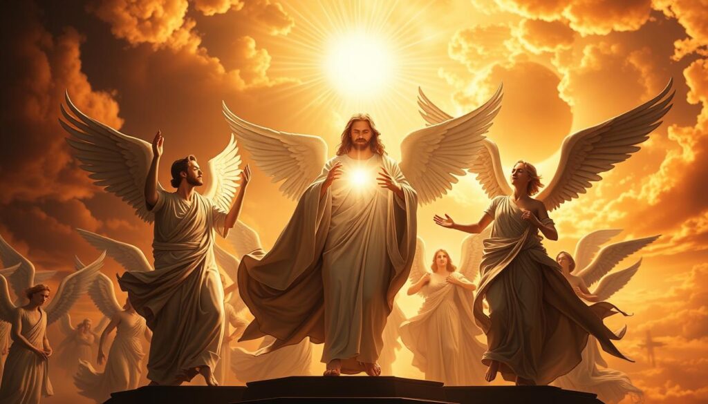 Elaborate divine procession of the Holy Trinity, executed in a classical, allegorical style. In the foreground, a luminous central figure representing the Godhead, radiating celestial light. Flanking it, two secondary figures - the Son and the Holy Spirit - in flowing, ethereal robes, engaged in a mystical dance of unity and harmony. The middle ground features a host of angelic attendants, their wings outstretched in reverence. The background depicts a sublime, heavenly landscape bathed in a warm, golden glow, evoking a sense of the transcendent and the eternal. The composition is balanced, the lighting is dramatic, and the overall mood is one of profound spiritual majesty and contemplation.