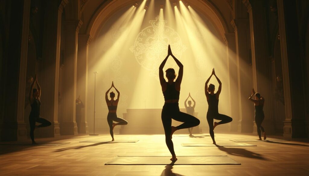 Graceful yoga practitioners in a serene, dimly lit sanctuary, bathed in warm, golden lighting. Intricate Catholic symbols and motifs subtly woven into the background, creating a harmonious fusion of spiritual traditions. The postures reflect contemplation, balance, and the interconnectedness of body and soul. Soft, muted tones convey a sense of reverence and introspection. Captured with a cinematic, shallow depth of field, emphasizing the focal point of the yoga poses and the sacred symbolism. The overall atmosphere evokes a profound sense of unity between the practices of Catholicism and Yoga.