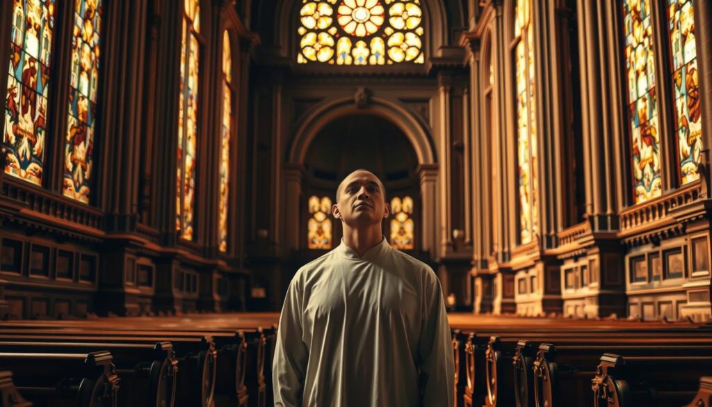 Majestic cathedral interior, stained glass windows casting warm hues upon ornate wooden pews. A single figure stands in reverence, their face serene and dignified, radiating an aura of divine grace. Intricate architectural details frame the scene, columns and arches evoking a sense of timeless grandeur. Soft, directional lighting illuminates the hushed, contemplative atmosphere, as if imbued with the weight of centuries of devotion. The composition conveys the profound and timeless essence of human dignity, its biblical roots manifested in the sacred setting.