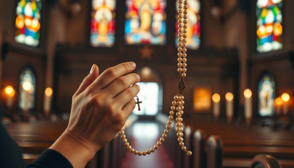 Pray rosary: a serene scene of a woman's hands holding a delicate pearl rosary beads, fingers gently caressing each bead as she prays with devotion. The background is a dimly lit chapel, the warm glow of candlelight casting a reverent ambiance. Stained glass windows cast soft, multicolored light, creating a contemplative, sacred atmosphere. The woman's face is not visible, but her posture conveys a sense of profound focus and inner peace as she meditates on the Mysteries of the Rosary. Soft, diffused lighting accentuates the textures of the wooden pews and the intricate details of the rosary, inviting the viewer to join in this timeless Catholic tradition.