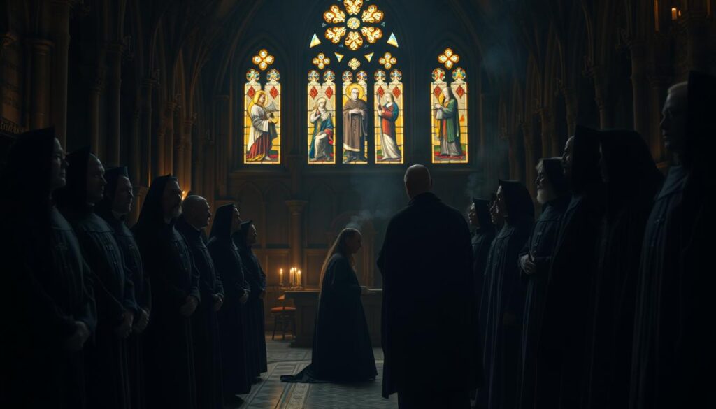 Prompt A dimly lit interior of a medieval cathedral, the air thick with the scent of incense and the echoes of ancient chants. In the foreground, a group of solemn-faced clerics in flowing robes, their expressions somber and introspective. The middle ground reveals a scene of a young man kneeling before an elderly priest, the ritual of ordination unfolding. In the background, stained glass windows cast a warm, golden glow, evoking a sense of timelessness and spiritual devotion. The overall atmosphere is one of reverence, tradition, and the weight of centuries-old beliefs surrounding the practice of clerical celibacy.