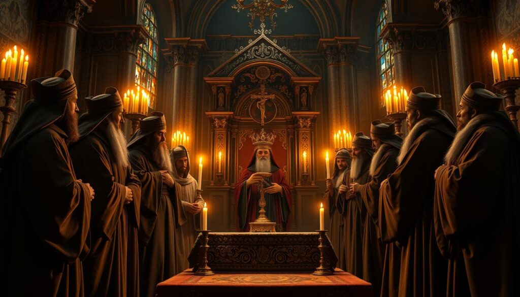 Solemn gathering of early Church Fathers in a dimly lit, ornate cathedral interior. Figures in flowing robes and headdresses stand reverently around an ornate altar, gazing upon the Eucharist elements. Warm candlelight flickers, casting deep shadows and imbuing the scene with a profound, mystical atmosphere. The Fathers' expressions convey deep contemplation and reverence as they partake in this sacred ritual, steeped in the rich theological tradition of the nascent Christian faith. Ornate architectural details, stained glass, and religious iconography fill the background, further enhancing the reverent ambiance.