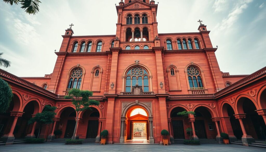 Tan Dinh Church, a stunning architectural marvel in the heart of Vietnam. Capture its vibrant terra-cotta facade, adorned with intricate arched windows and ornate decorative elements. Showcasing the church's towering 52.62-meter bell tower, framed by a serene, landscaped courtyard. Diffused natural light filters through the arched entrances, casting warm, golden hues on the ornate architectural details. Emphasize the church's harmonious blend of French colonial and traditional Vietnamese design, evoking a sense of timeless elegance. Render this scene with a cinematic, wide-angle lens to highlight the grand scale and proportion of the building.