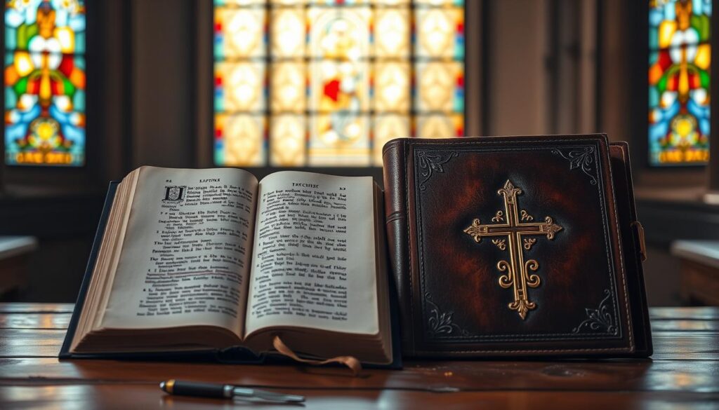 Two illuminated manuscripts, one open to reveal intricate calligraphy and biblical verses, the other bound in ornate leather with a golden cross emblem, placed atop an old wooden table. Soft, warm lighting casts a reverent glow, highlighting the contrast between the written word and sacred tradition. In the background, a stained-glass window filters a spectrum of colors, casting a contemplative atmosphere. The scene evokes the timeless interplay between scriptural authority and the evolving rituals of the church, inviting the viewer to reflect on the nuances of Christian faith.