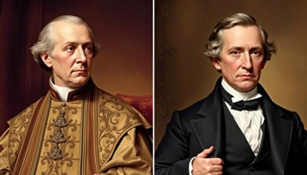 Two stately portraits side-by-side, depicting John Carroll and Charles Carroll, prominent Catholic pioneers in early America. John, the first Catholic bishop in the United States, gazes thoughtfully, clad in ornate clerical robes. Charles, a Founding Father and signatory of the Declaration of Independence, poses confidently in a tailored suit, his face exuding determination. Soft, warm lighting illuminates their features, creating a sense of reverence. The backgrounds feature subtle period-appropriate details, such as wooden paneling and ornamental flourishes, placing the subjects firmly in the historical context. An air of significance and gravitas surrounds these two influential Catholic figures who played pivotal roles in shaping the nation.