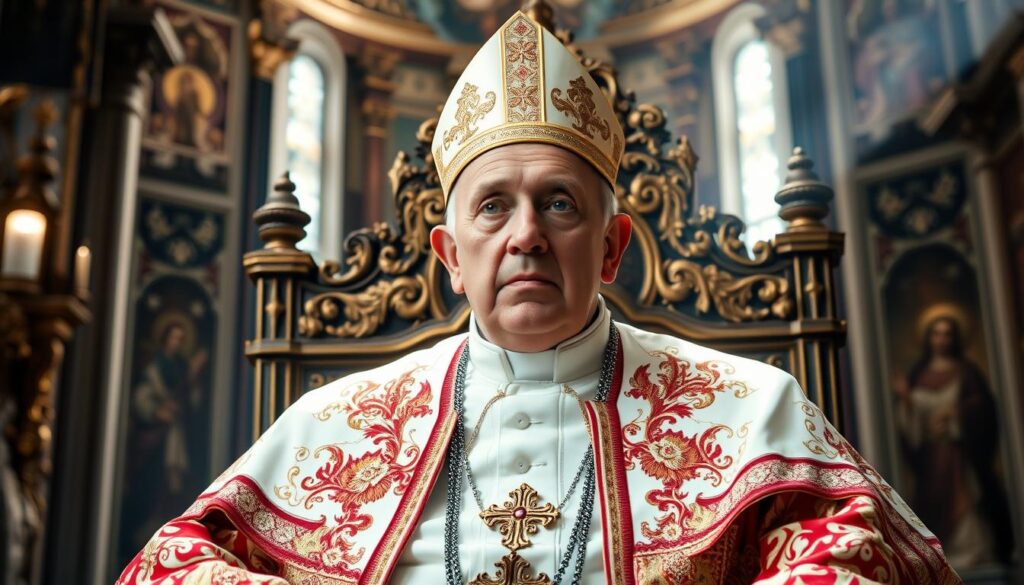 a close-up portrait of the pope, seated on a grand throne in an ornate cathedral interior, wearing opulent papal robes and regalia, his face radiating a sense of authority and divine right, a beam of heavenly light casting a halo-like glow around his head, the background filled with intricate architectural details and religious imagery, conveying the pope's exalted position and the Catholic Church's unwavering power and influence