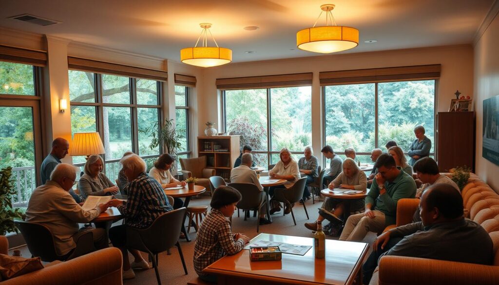 a cozy community center in a warm, inviting atmosphere, filled with people of all ages engaged in various fellowship programs - a group of adults gathered around a table in lively discussion, a young mother and child reading together on a plush couch, a group of teenagers playing a board game, all illuminated by the soft, golden glow of overhead lamps and floor-to-ceiling windows overlooking a lush, verdant garden outside, creating a sense of togetherness, learning, and spiritual enrichment