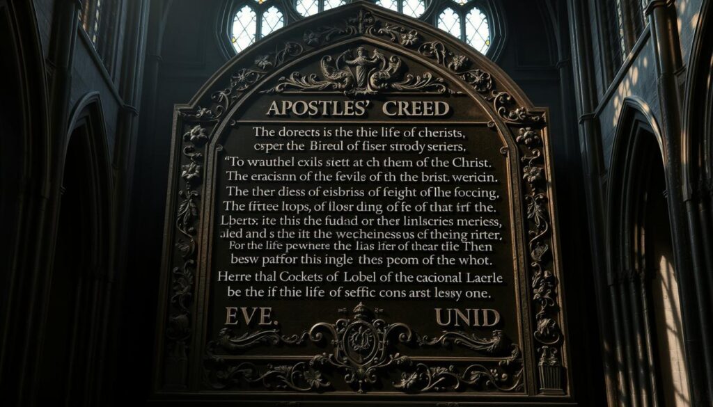 a detailed digital painting of the Apostles' Creed, the foundational statement of Catholic beliefs, depicted as a large ornate stone carving or stained glass window against a somber, dimly lit cathedral interior. The carving is richly detailed, with intricate gothic tracery and symbolic imagery representing the key tenets of the creed, such as the Holy Trinity, the life of Christ, and the promise of eternal life. The lighting casts dramatic shadows, creating a solemn, reverent atmosphere befitting the weight and importance of the Catholic faith's core beliefs.