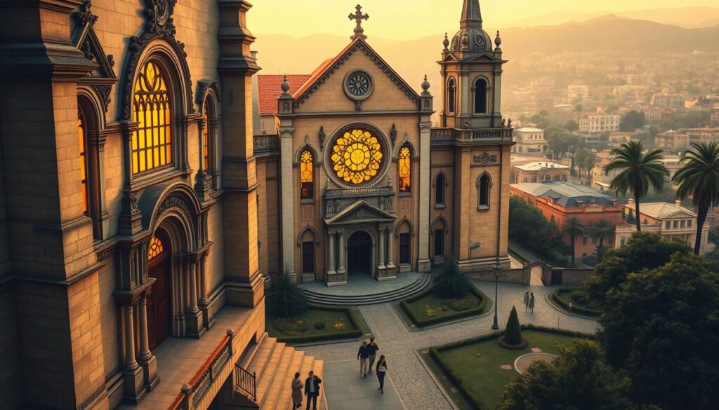 a detailed, historically accurate illustration of the san rafael catholic church, showcasing its distinct architectural features and rich history. the foreground depicts the church's grand facade, with its ornate stone carvings, arched entryways, and stained glass windows bathed in warm, golden sunlight. the middle ground features the church grounds, with lush greenery, cobblestone pathways, and people reverently entering the sacred space. in the background, a hazy, vintage-inspired cityscape provides context, hinting at the church's longstanding place in the community. the overall composition conveys a sense of timeless elegance, reverence, and the enduring legacy of this historic place of worship.