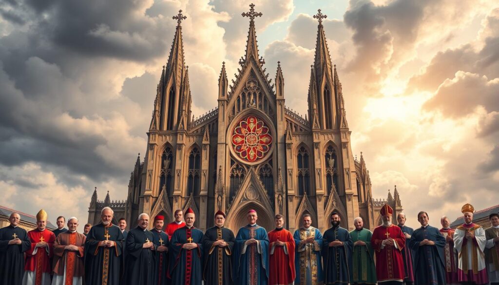 a detailed illustration of the catholic church authority structure, featuring a grand cathedral with ornate Gothic architecture and towering spires against a dramatic cloudy sky. in the foreground, a group of robed and mitered bishops and cardinals, each with a distinct facial expression and pose, standing in a formal arrangement that conveys a sense of hierarchy and power. the middle ground shows priests and deacons in various ceremonial vestments, carrying religious objects and symbols. in the background, a grand stained glass window casts a warm, ethereal glow over the scene, while the overall composition suggests a solemn, reverent atmosphere.