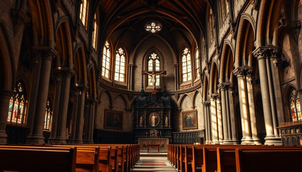 a detailed medieval church interior, with a high vaulted ceiling, ornate stone columns, and stained glass windows casting warm, golden light throughout the space. In the foreground, several wooden pews are arranged neatly, creating a sense of reverence and solemnity. The middle ground features an ornate altar, adorned with intricate carvings and religious iconography. In the background, a large, ornate wooden cross dominates the space, symbolizing the central role of Christianity in the early church structure. The overall atmosphere is one of reverence, history, and a deep connection to the spiritual realm.