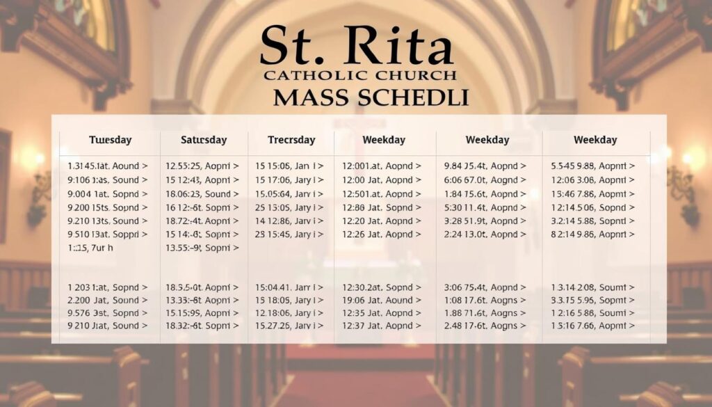 a detailed, neatly organized weekly mass schedule for St. Rita Catholic Church, with the weekday and weekend service times displayed in a clean, easy-to-read format. The schedule is presented against a warm, inviting background reminiscent of a traditional church interior, with soft lighting and subtle religious imagery. The overall composition conveys a sense of reverence and community, reflecting the spirit of the church. The layout is visually balanced and aesthetically pleasing, making the information clear and accessible to the viewer.