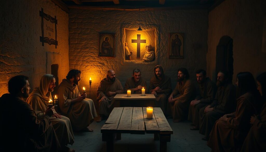 a dimly lit scene of early Christian communities in the 1st century AD, a small gathering of people in simple robes and tunics, sitting or standing around a simple wooden table, lit by the warm glow of oil lamps, the walls adorned with simple cross symbols and religious iconography, a sense of reverence and community pervades the atmosphere, shot with a wide-angle lens to capture the intimate setting, soft shadows and highlights emphasize the devotional mood