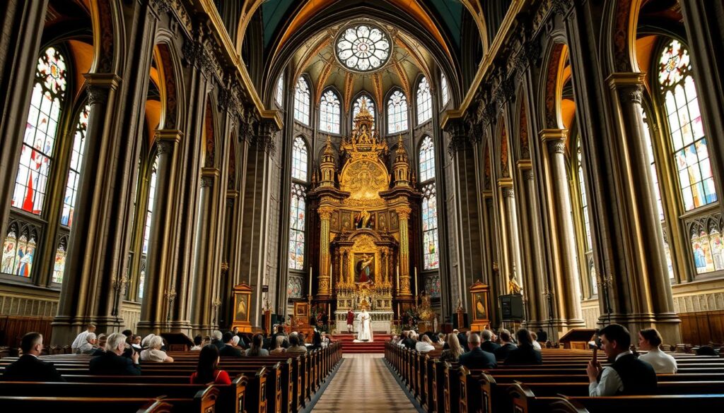 a grand cathedral interior with a towering altar and intricate religious iconography in the foreground, depicting the hierarchy and authority of the Catholic church. the middle ground features rows of wooden pews and worshippers in traditional religious attire, while the background showcases stained glass windows bathed in soft, ethereal lighting. the overall atmosphere is one of reverence, solemnity, and the awe-inspiring power of the ecclesiastical institution.