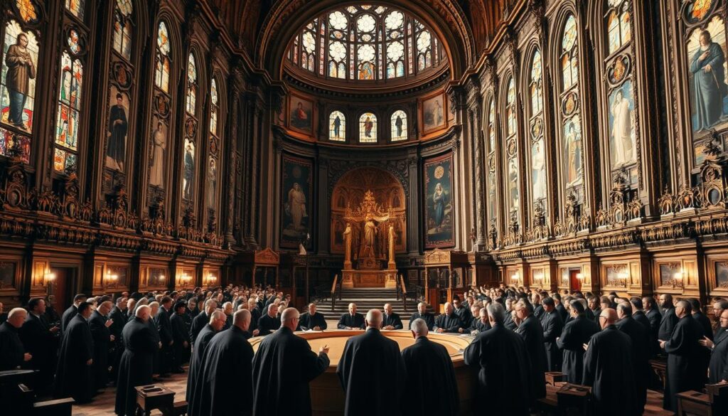 a grand cathedral interior with ornate gothic architecture, stained glass windows, and a majestic altar at the far end. The walls are adorned with intricate carvings and frescoes depicting religious scenes. The lighting is warm and diffused, creating a reverent atmosphere. In the foreground, a large circular table is surrounded by figures in ceremonial robes, engaged in deep discussion. The scene captures the historic Second Vatican Council, a pivotal moment in the evolution of the Roman Catholic Church, as religious leaders gather to deliberate on reforms and modernization.