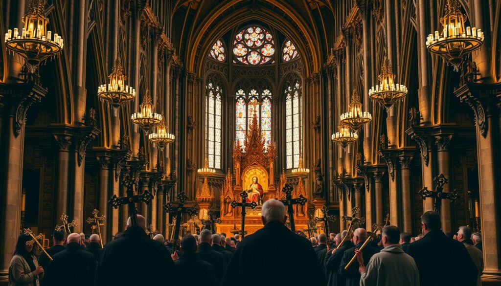 a grand cathedral with ornate Gothic architecture, stained glass windows, and intricate stone carvings, illuminated by warm, golden lighting from antique chandeliers, conveying a sense of reverence and timeless tradition; in the foreground, a procession of robed figures carrying ornate crosses and candles, their faces obscured in shadow, as they move down the central aisle towards an elaborate altar at the far end; the scene suggests the solemn rituals and ceremonies of historical Christian faith.