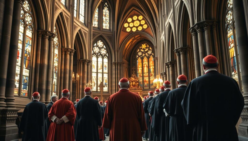 a highly detailed, realistic, photographic image of a visual representation of the concept of apostolic succession, showcasing a solemn procession of robed and mitred figures, likely bishops or cardinals, solemnly passing through an ornate, gothic cathedral interior with stained glass windows and intricate stone arches, creating a sense of tradition, spiritual authority, and the unbroken lineage of the Catholic Church from the original twelve apostles, lit by warm, natural lighting from the windows and creating an atmosphere of reverence and historical significance