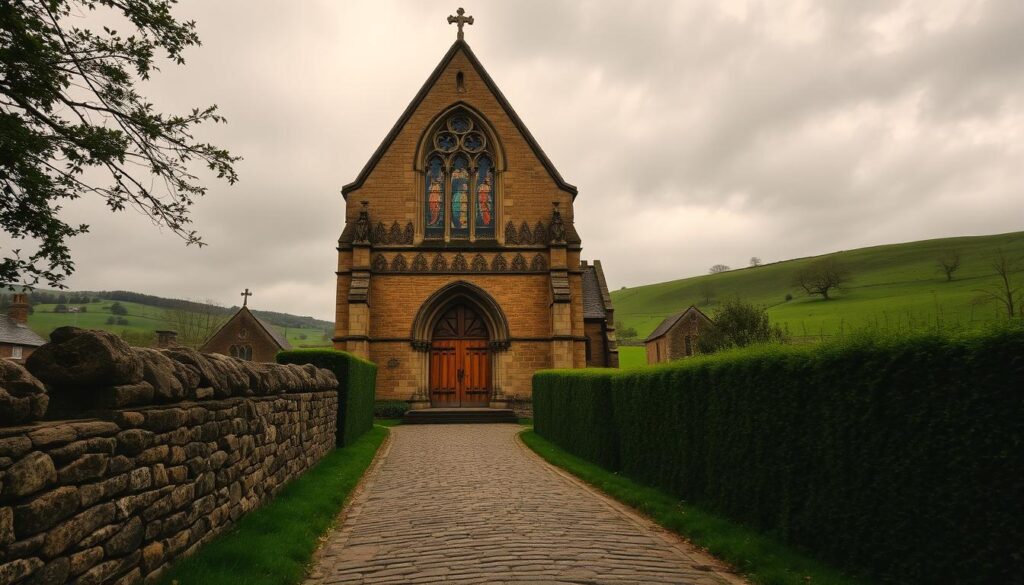 a medieval church in the English countryside, surrounded by rolling hills and lush greenery. The church's ornate Gothic architecture stands tall, with intricate stone carvings and stained glass windows that cast a warm, ethereal glow. In the foreground, a cobblestone path leads to the church's heavy oak doors, flanked by weathered stone walls and tall, manicured hedges. The sky above is a soft, overcast hue, adding to the serene and contemplative atmosphere. The scene evokes a sense of timeless tradition and reverence, capturing the historical roots and development of Anglo-Catholicism in England.