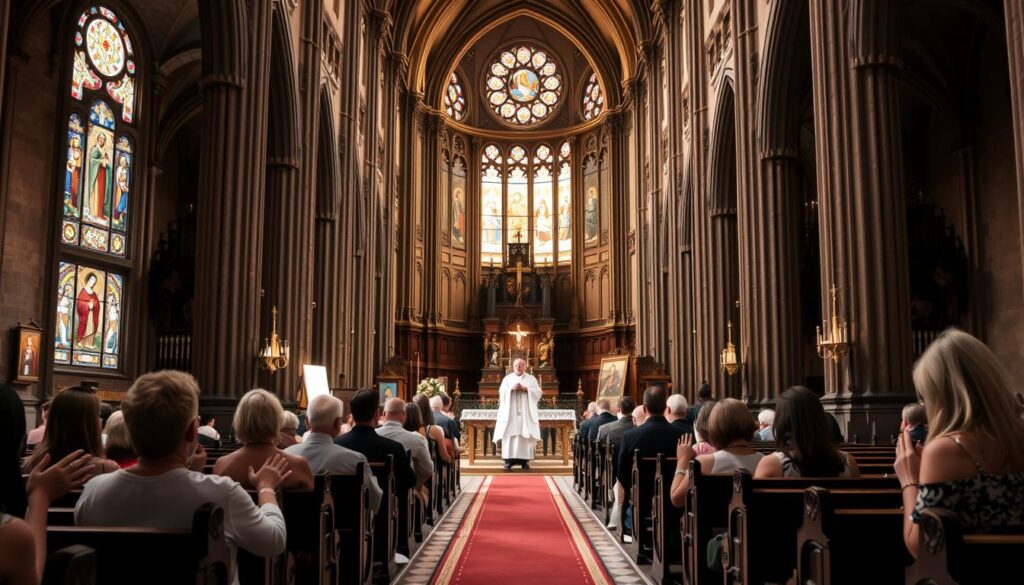 a serene Catholic church interior, with ornate wooden pews, stained glass windows casting warm light, and a central altar adorned with intricate religious iconography. In the foreground, a group of worshippers kneeling in prayer, their hands clasped and heads bowed, expressions of deep contemplation and devotion. The middle ground features a priest leading a solemn ceremony, his robes flowing gracefully. The background showcases the grand architectural details of the cathedral, with towering columns and a vaulted ceiling that seems to reach towards the heavens, creating an atmosphere of reverence and spiritual transcendence.