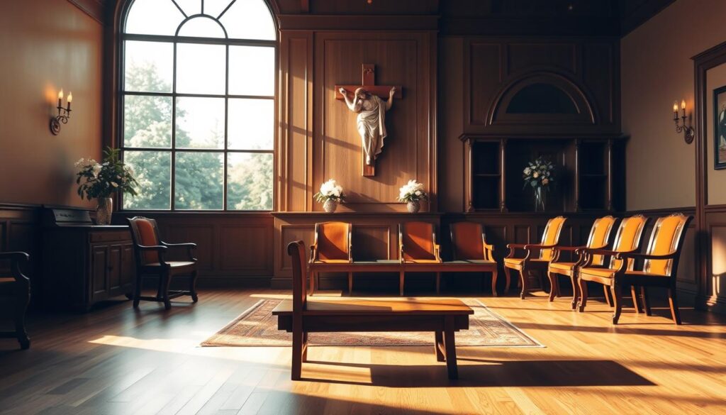 a serene Catholic prayer room with warm natural lighting, classic wood furniture, and a kneeling prayer bench in the foreground. The middle ground features a large religious icon or crucifix on the wall, casting a soft glow. In the background, a large window overlooks a peaceful outdoor garden scene. The room exudes a sense of contemplation and spiritual focus, inviting the viewer to engage in daily prayer and reflection.