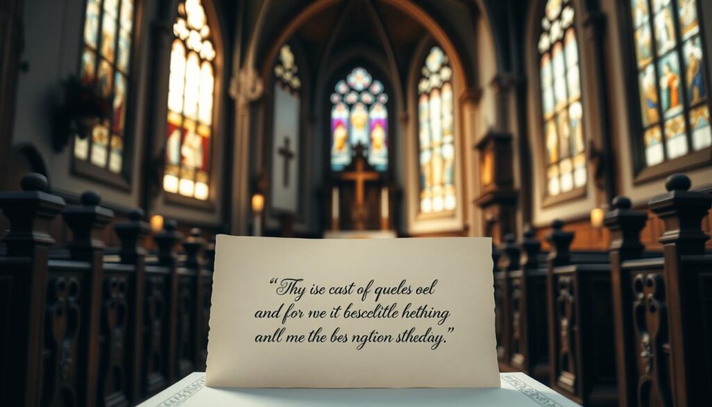 a serene, dimly lit catholic church interior with stained glass windows, soft natural lighting filtering through, ornate wooden pews and altar, a sense of tranquility and reverence, in the foreground, elegant calligraphic handwritten marriage quotes on vellum paper placed upon the altar, conveying the sacred and timeless nature of catholic marriage