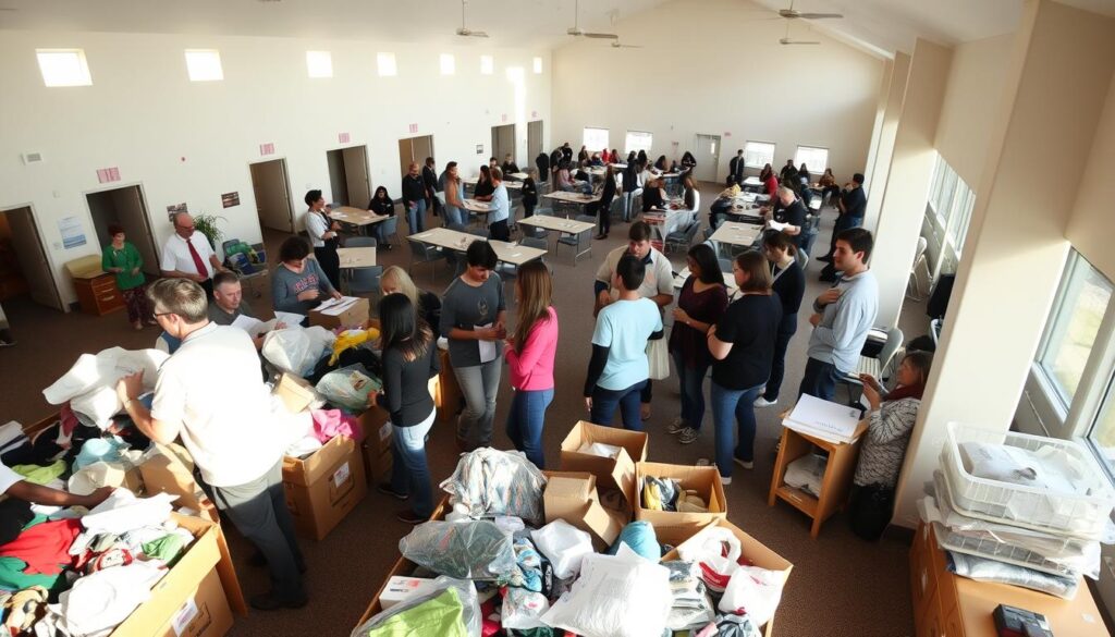 a wide interior view of a catholic church parish center, with people engaged in various ministries and activities. in the foreground, a group of volunteers sorting and organizing donated clothing and supplies for distribution to the community. in the middle ground, a youth group gathered around a leader discussing plans for an upcoming outreach event. in the background, a large meeting room with tables and chairs, where a bible study group is in session. the lighting is warm and welcoming, with natural sunlight streaming in through large windows. the overall atmosphere is one of community, service, and spiritual growth.