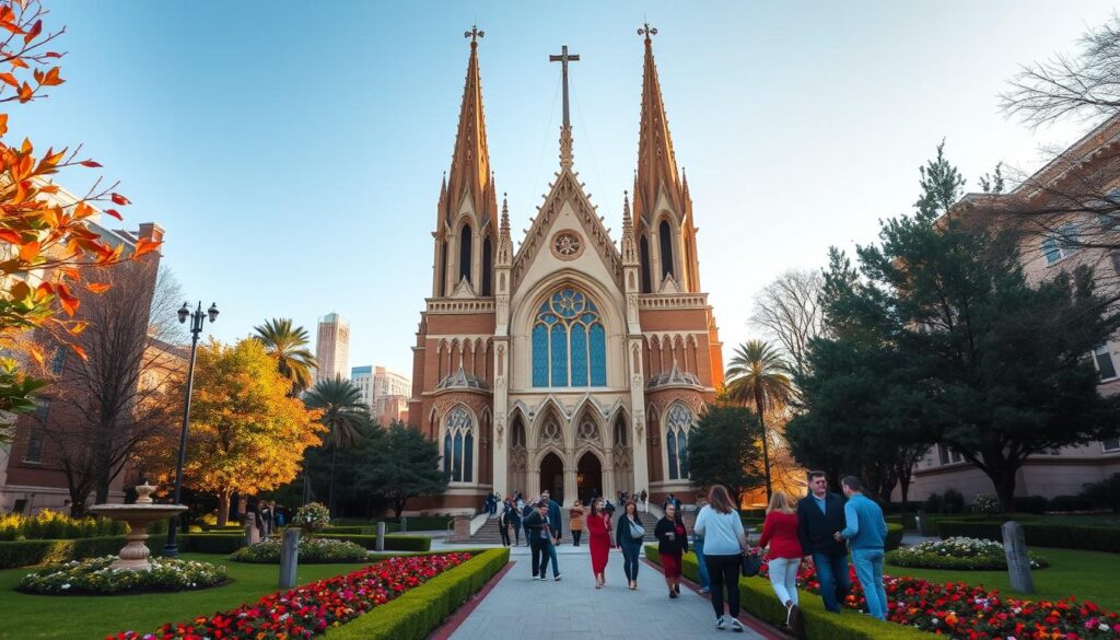 plan your visit to the catholic church of our lady of perpetual help - an ornate, gothic-style cathedral with tall spires and stained glass windows bathed in warm, golden light streaming through. in the foreground, a path leads visitors through a lush, manicured garden with colorful flowers and a tranquil fountain. the middle ground features people of diverse backgrounds entering the church, conveying a sense of welcoming and community. in the background, the city skyline can be seen, creating a harmonious blend of sacred and secular. the overall atmosphere exudes reverence, serenity, and an invitation to explore the rich history and spiritual significance of this iconic catholic landmark.