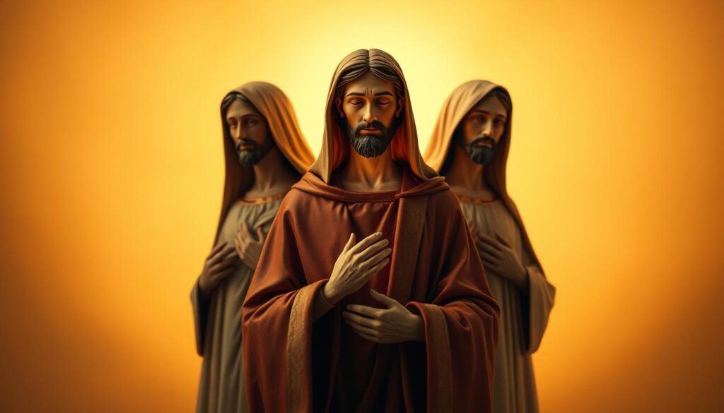 three persons, one god - a holy trinity represented by three human figures, standing in a dignified pose, their faces partially obscured in soft, warm lighting, set against a muted, ethereal background evocative of religious iconography and devotional art. The figures are dressed in robes and garments suggestive of Catholic or Christian tradition, their expressions serene and contemplative, conveying a sense of divine presence and sacred mystery. The composition is balanced and harmonious, with the three figures arranged in a triangular formation, symbolizing the unity and interconnectedness of the Father, the Son, and the Holy Spirit.