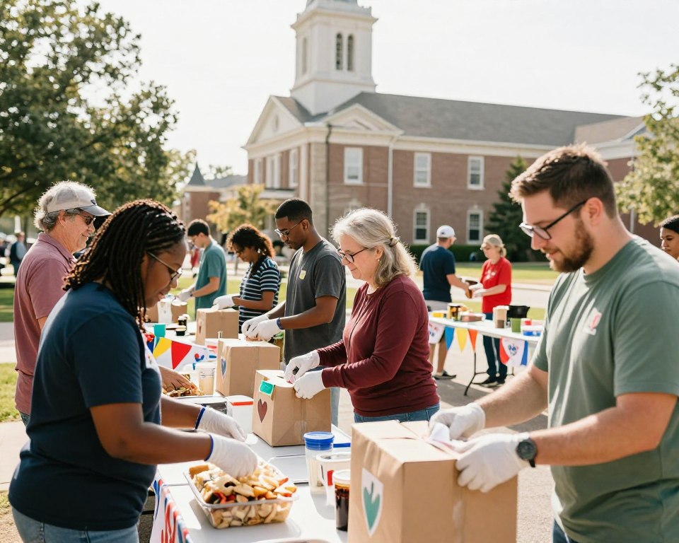 A Kansas City Presbyterian congregation engaging in a vibrant community service event. In the foreground, diverse members of the church, dressed in modest casual clothing, are working together to prepare food packages, their expressions reflecting joy and camaraderie. The middle ground features a long table filled with supplies, decorated with banners that symbolize love and unity. In the background, a sunny day casts warm light over the scene, with a church building showcasing classic architecture, emphasizing the community's connection to their faith. A supportive atmosphere is captured, aiming to share the spirit of outreach and mission efforts. The image is framed with a balanced composition, utilizing a soft, natural light to create an uplifting mood.