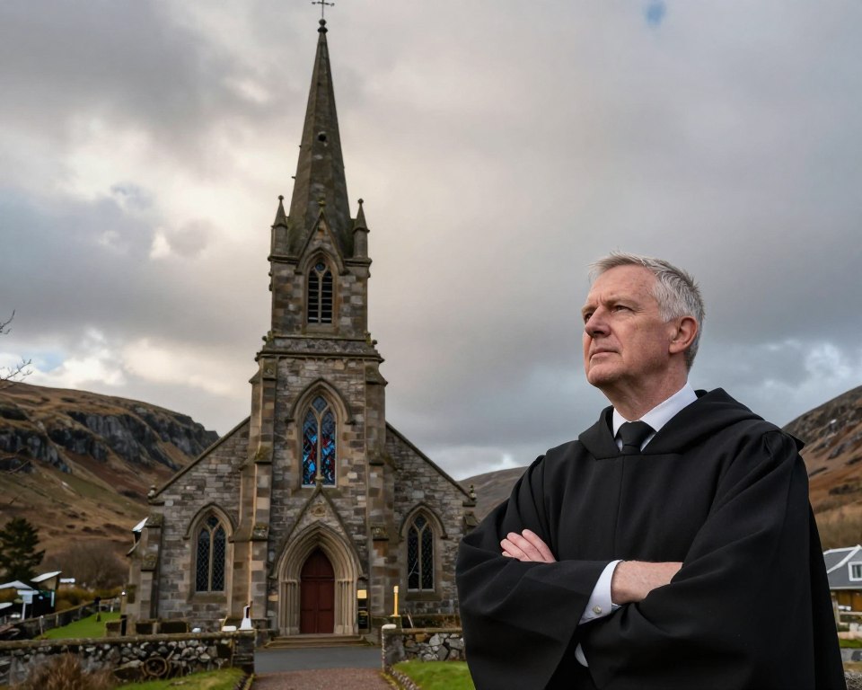 A Presbyterian church in Scotland, depicted in a historical setting, focused on its unique beliefs and challenges. Foreground: A thoughtful pastor in professional attire stands with arms crossed, looking contemplative. Middle ground: The elegant stone church, featuring traditional Scottish architecture, is adorned with stained glass windows and a tall steeple. Background: A rugged Scottish landscape, with rolling hills and a cloudy sky, symbolizes the struggles faced by the church. The lighting is soft, evoking a sense of introspection, with rays of light filtering through the clouds. The overall mood is solemn yet hopeful, reflecting the enduring spirit of the church amidst its challenges.