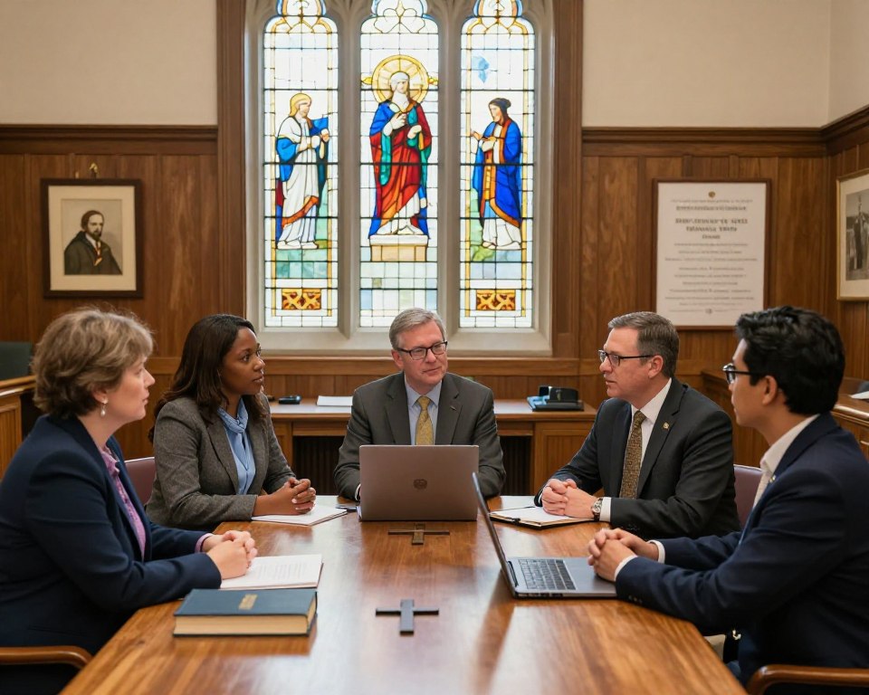 A Presbyterian church leadership meeting in a well-lit, elegant church office setting. In the foreground, a diverse group of four professionals—two men and two women—are engaged in a serious discussion, all wearing business attire. A wooden table is adorned with books, a laptop, and a cross. In the middle ground, large stained glass windows cast colorful light onto the scene, enhancing the atmosphere of reverence and thoughtfulness. The background features a classic wood-paneled wall, with framed theological artwork and a notice board displaying church events. The overall mood is collaborative and contemplative, reflecting the theological basis for governance within the Presbyterian church. Use warm, natural lighting to create an inviting and respectful ambiance.