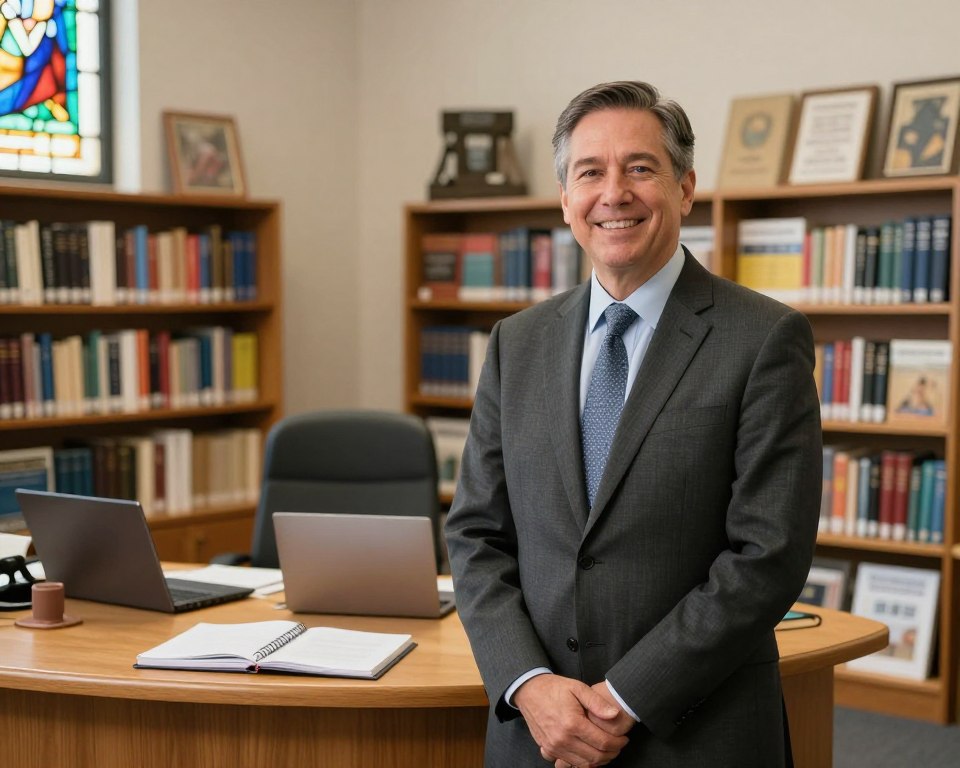 A United Methodist Church District Superintendent stands confidently in a bright, welcoming church office, surrounded by bookshelves filled with religious texts and community resources. The foreground features the superintendent, a middle-aged professional in a smart business suit, exuding warmth and approachability. In the middle ground, a wooden desk displays open notebooks and a laptop, indicating active engagement with local church matters. In the background, stained glass windows let in soft, colorful light, creating a serene atmosphere. The scene captures an inviting and collaborative mood, emphasizing the superintendent's supportive role in nurturing relationships with local churches. Natural lighting highlights the superintendent's friendly expression, while a slightly elevated angle lends an impression of authority and openness.