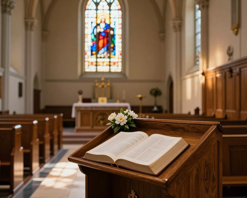 A United Methodist Church interior scene with a focus on a beautifully lit sanctuary. In the foreground, an open Bible rests on a polished wooden lectern adorned with a simple floral arrangement. The middle ground features an elegant stained-glass window depicting religious symbols, casting colorful light onto the polished floor. Soft natural light filters through the window, creating a serene atmosphere. In the background, rows of wooden pews stretch towards the altar, which is bathed in warm golden light. The overall mood is one of reverence and contemplation, inviting viewers to reflect on faith and spirituality. The angle is slightly low, providing a sense of reverence and grandeur, while the lighting enhances the peaceful ambiance.