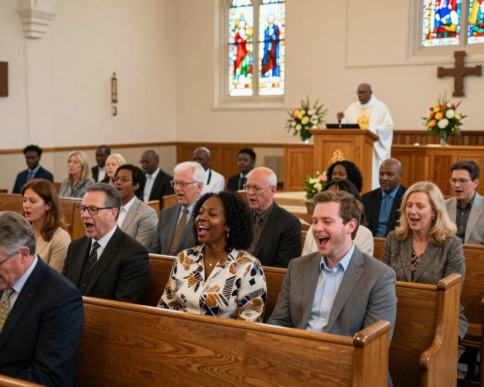 A United Methodist Church worship service scene, featuring a diverse group of congregants seated in a wooden pews, engaged in worship. In the foreground, a middle-aged Black woman and a young white couple are singing joyfully, their expressions filled with devotion. The middle ground shows a pastoral figure in a robe delivering a sermon, standing at a wooden pulpit adorned with a Bible and floral arrangements. In the background, stained glass windows illuminate the space with colorful light, casting a warm, inviting atmosphere. The lighting is soft and natural, streaming in from the windows, creating a serene ambiance. Capture the scene from a slightly elevated angle, showcasing the congregation's engagement and the vibrant atmosphere of community and worship in this sacred space.