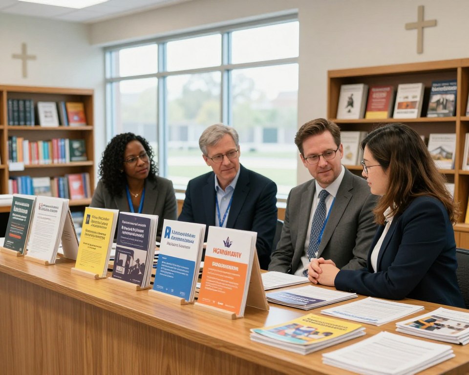 A United Methodist District Office scene, featuring a welcoming reception area filled with resources for community engagement. In the foreground, a polished wooden desk with brochures, pamphlets, and resource materials neatly organized. A diverse group of three individuals in professional business attire collaborates at the desk, discussing ways to get involved with local projects. In the middle ground, large windows allow natural light to flood in, illuminating the space. Background elements include bookshelves filled with community outreach resources and subtle Methodist Church symbols. The atmosphere is warm, inviting, and focused on community collaboration. The image should capture a sense of unity and active participation, with a soft focus on vibrant colors enhancing the welcoming environment.